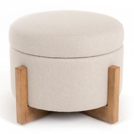 Sada - Mid-Century Modern Beige Linen + Chestnut Round Ottoman