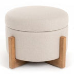 Sada - Mid-Century Modern Beige Linen + Chestnut Round Ottoman