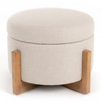 Sada - Mid-Century Modern Beige Linen + Chestnut Round Ottoman