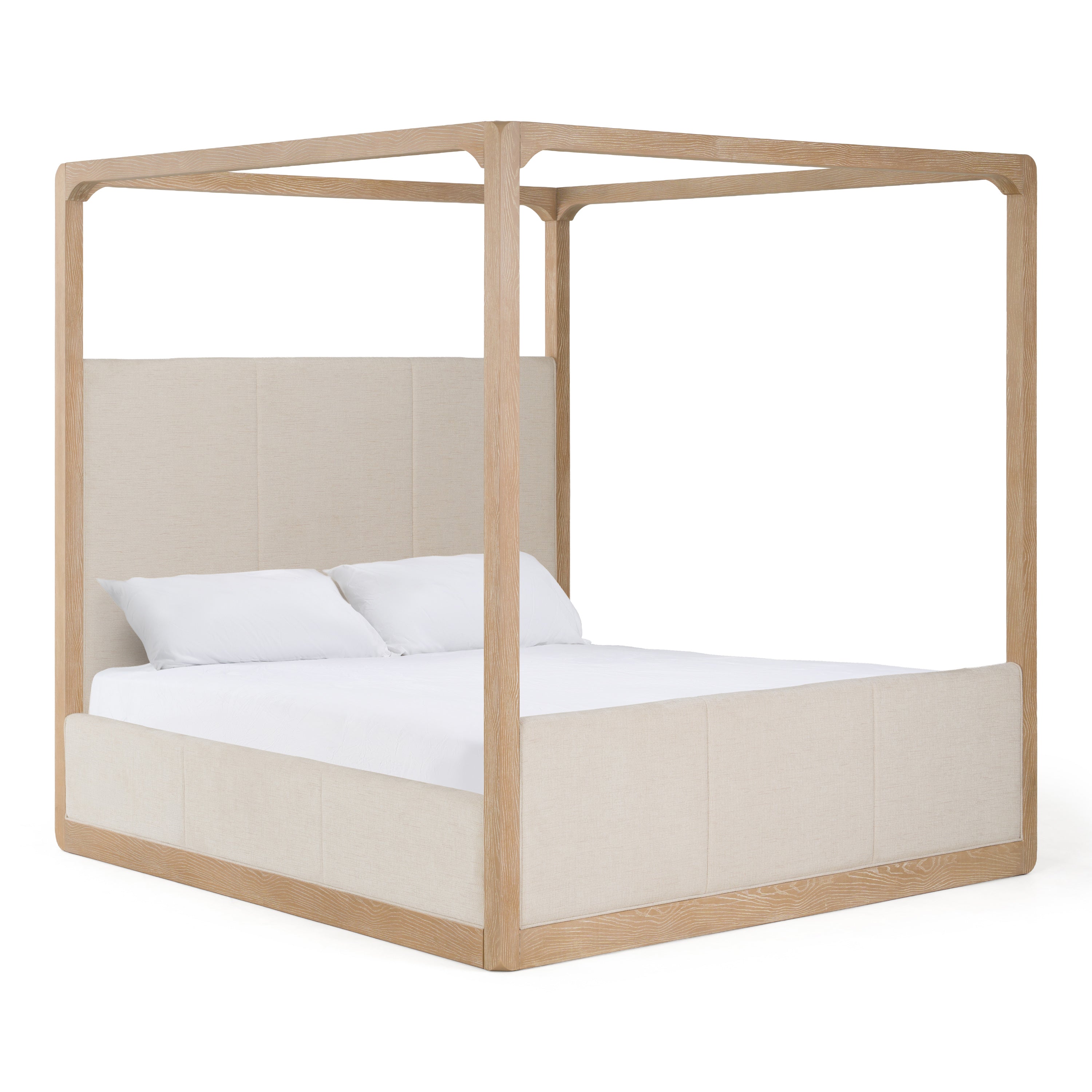 Eastern King Sergio - Modern Beige Fabric + Natural Oak Canopy Bed - Modern Beige Fabric + Natural Oak Canopy Bed