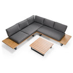 Skaros - Outdoor Grey Olefin Fabric + Eucalyptus Sectional Sofa + Coffee Table Set