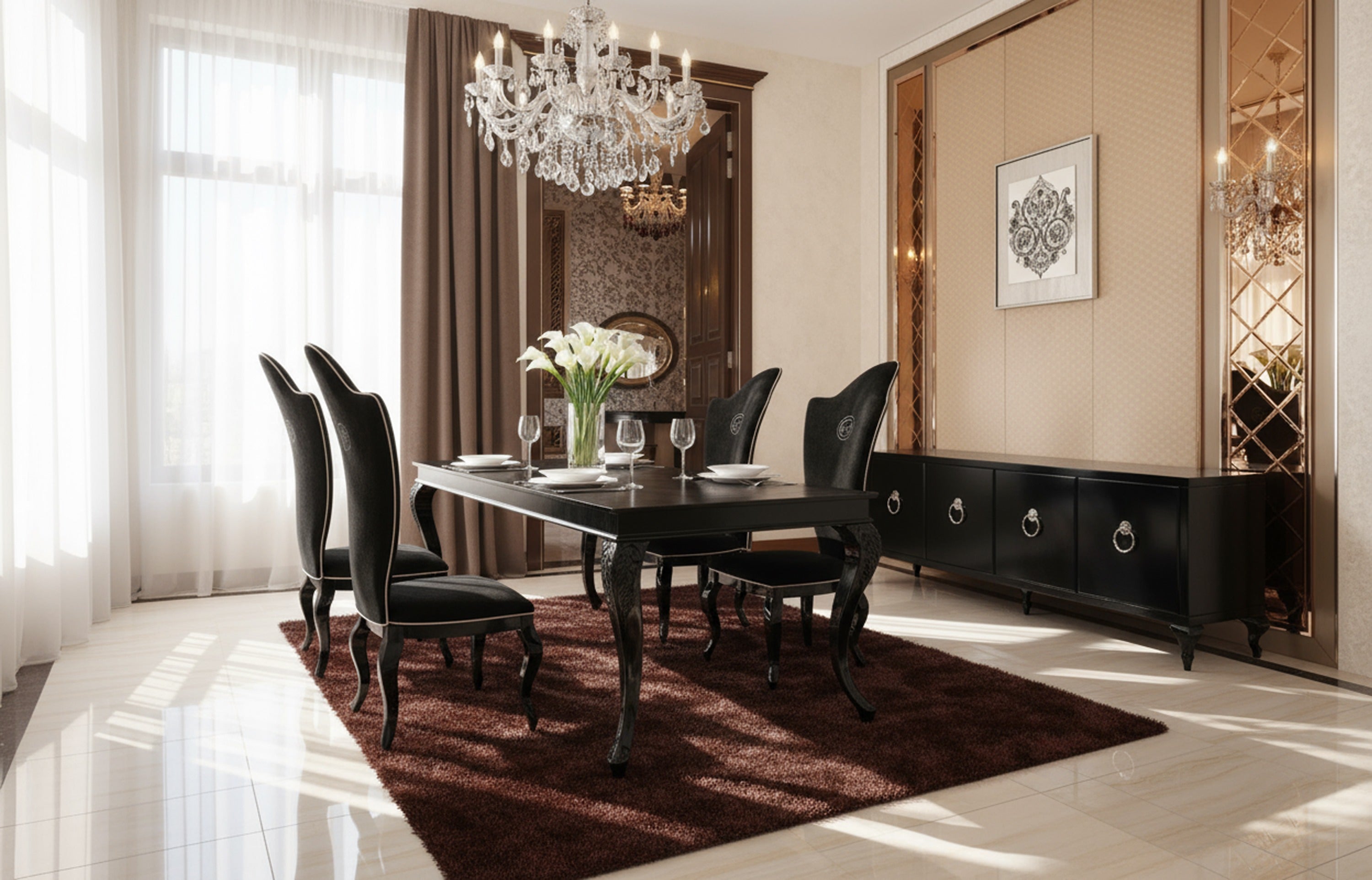 Sovereign Transitional Black Crocodile Dining Table with Black Gloss Legs