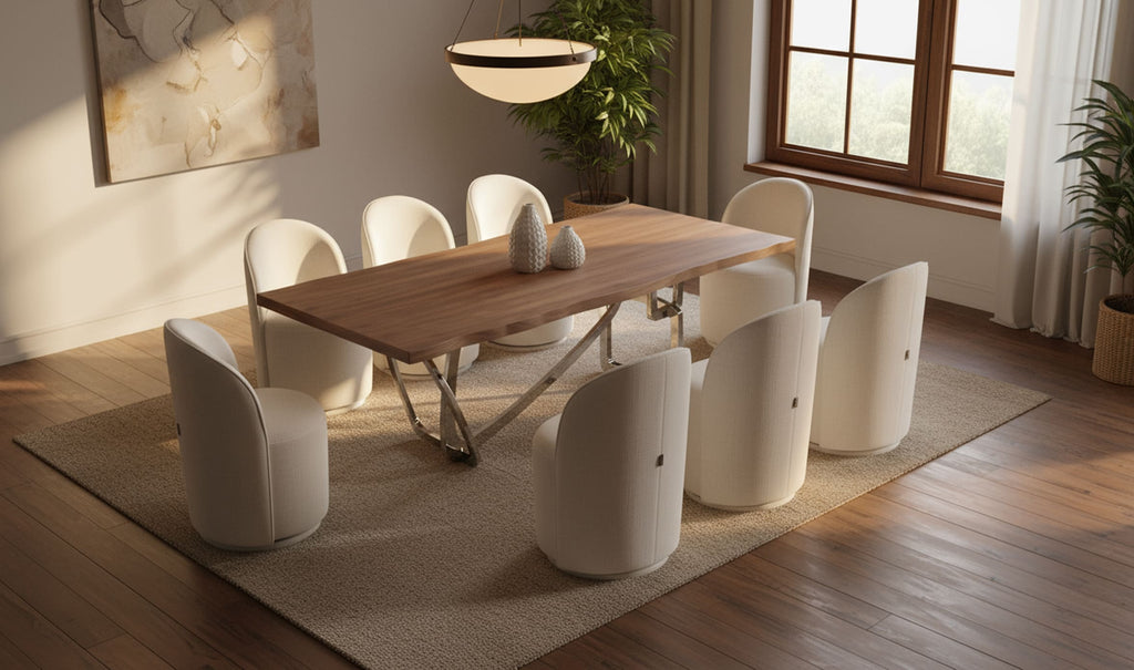 Addy Modern Walnut & Stainless Steel Dining Table