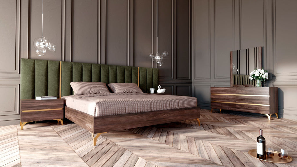 Eastern King Calabria Modern Walnut & Green Velvet Bed & Nightstands