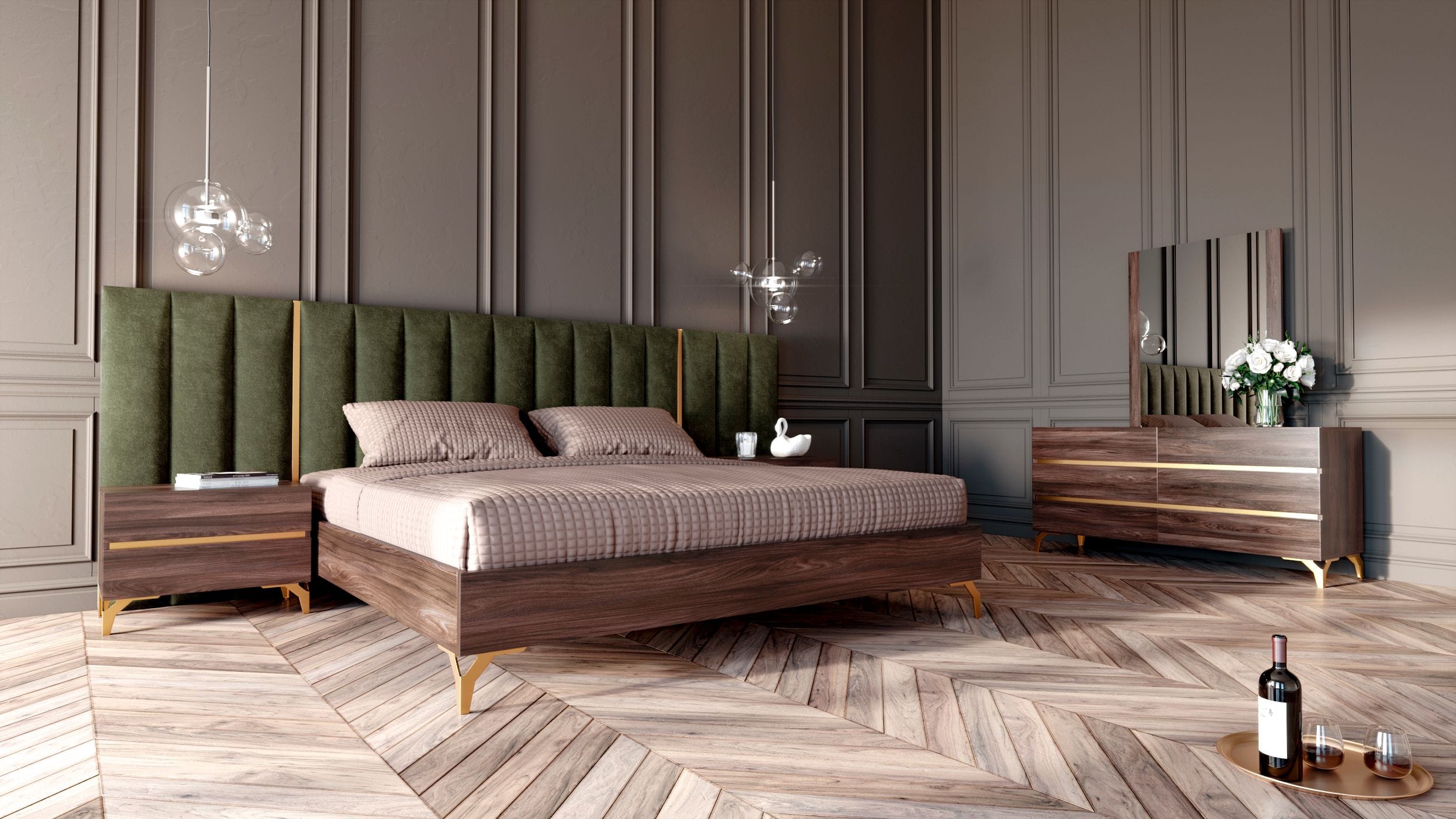 Eastern King Calabria Modern Walnut & Green Velvet Bed & Nightstands