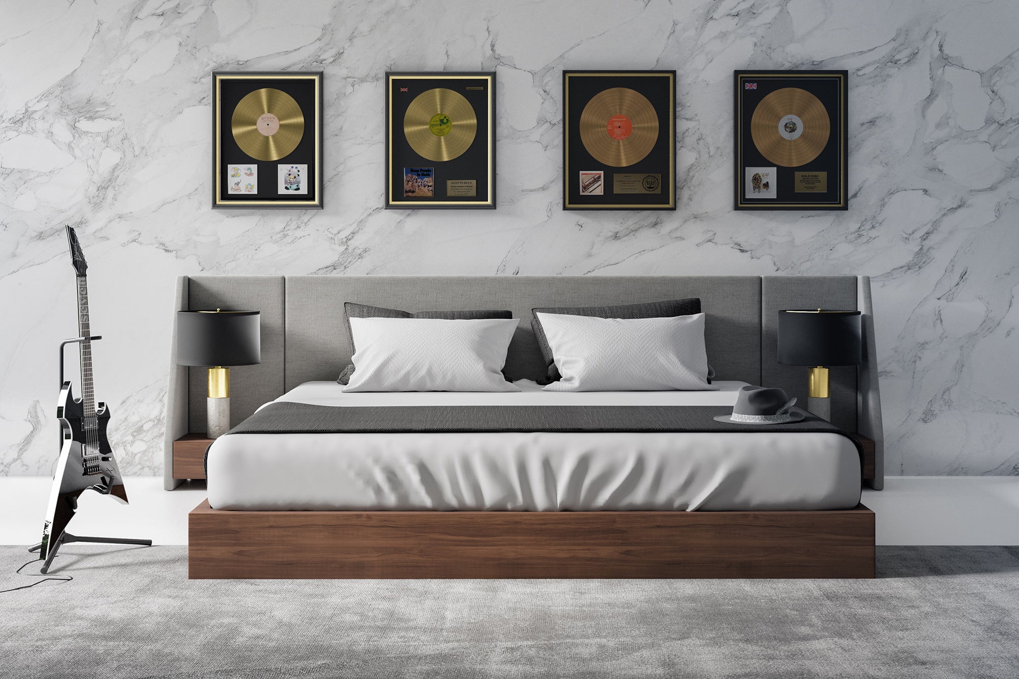 Janice - Modern Grey Fabric and Walnut Bed and Nightstands - Modern Grey Fabric and Walnut Bed and Nightstands