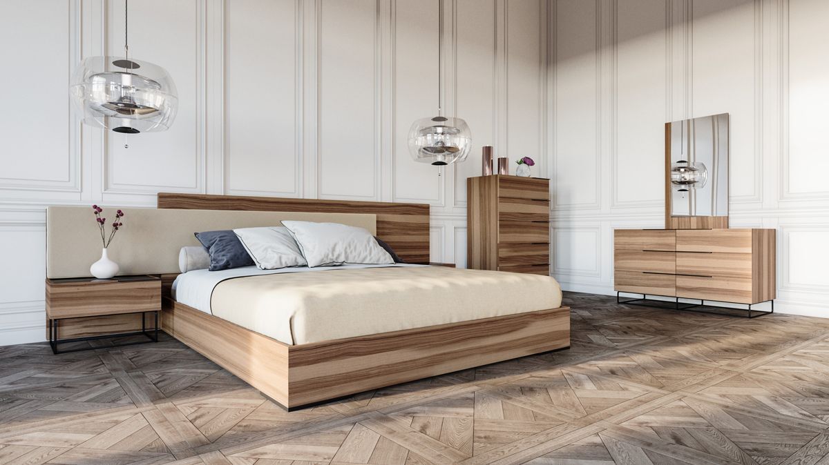 Eastern King Matteo Italian Modern Walnut & Fabric Bed + 2 Nightstands + Dresser Set