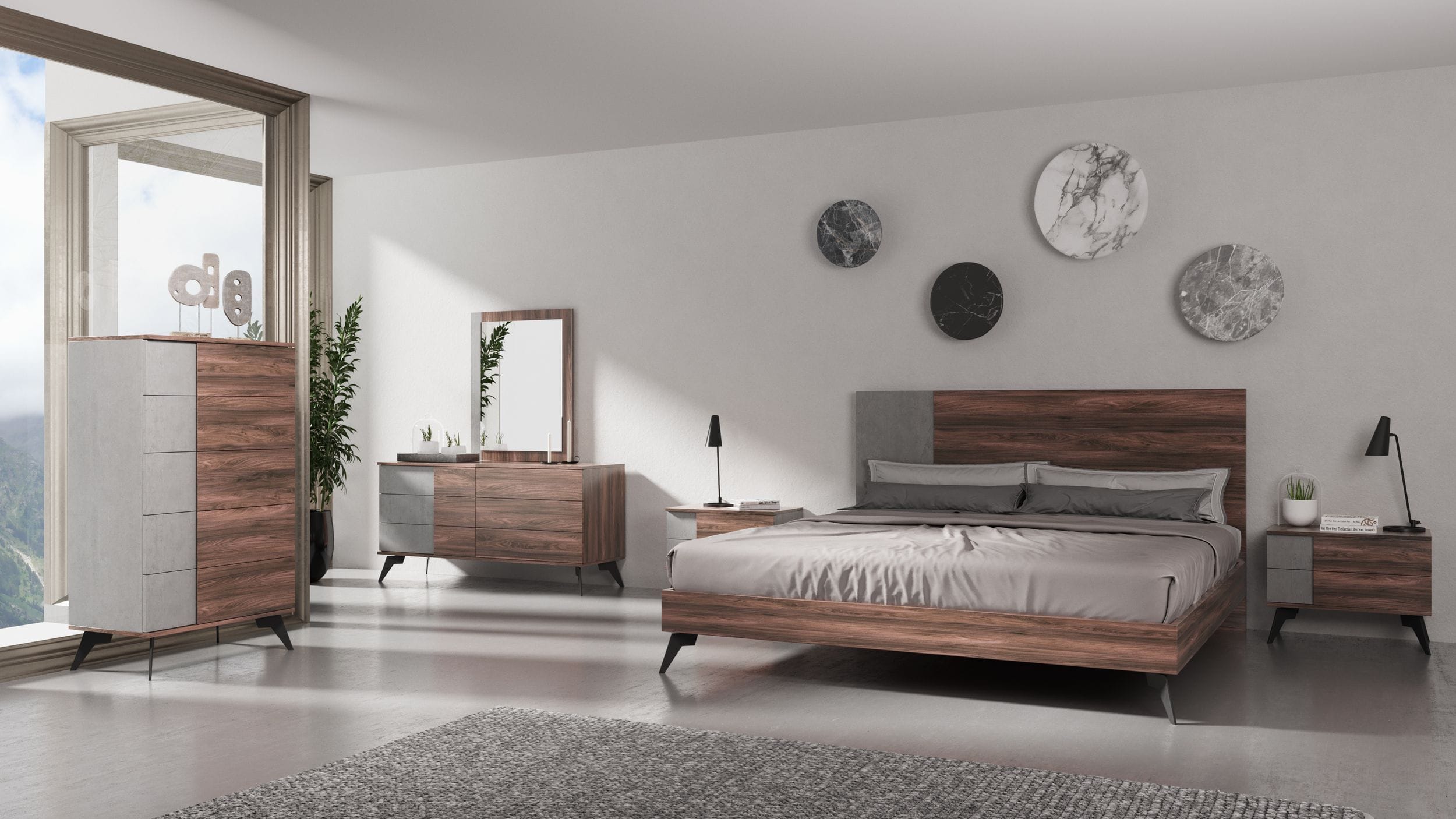 Palermo - Eastern King Modern Italian Faux Concrete & Walnut Bed - Eastern King Modern Italian Faux Concrete & Walnut Bed