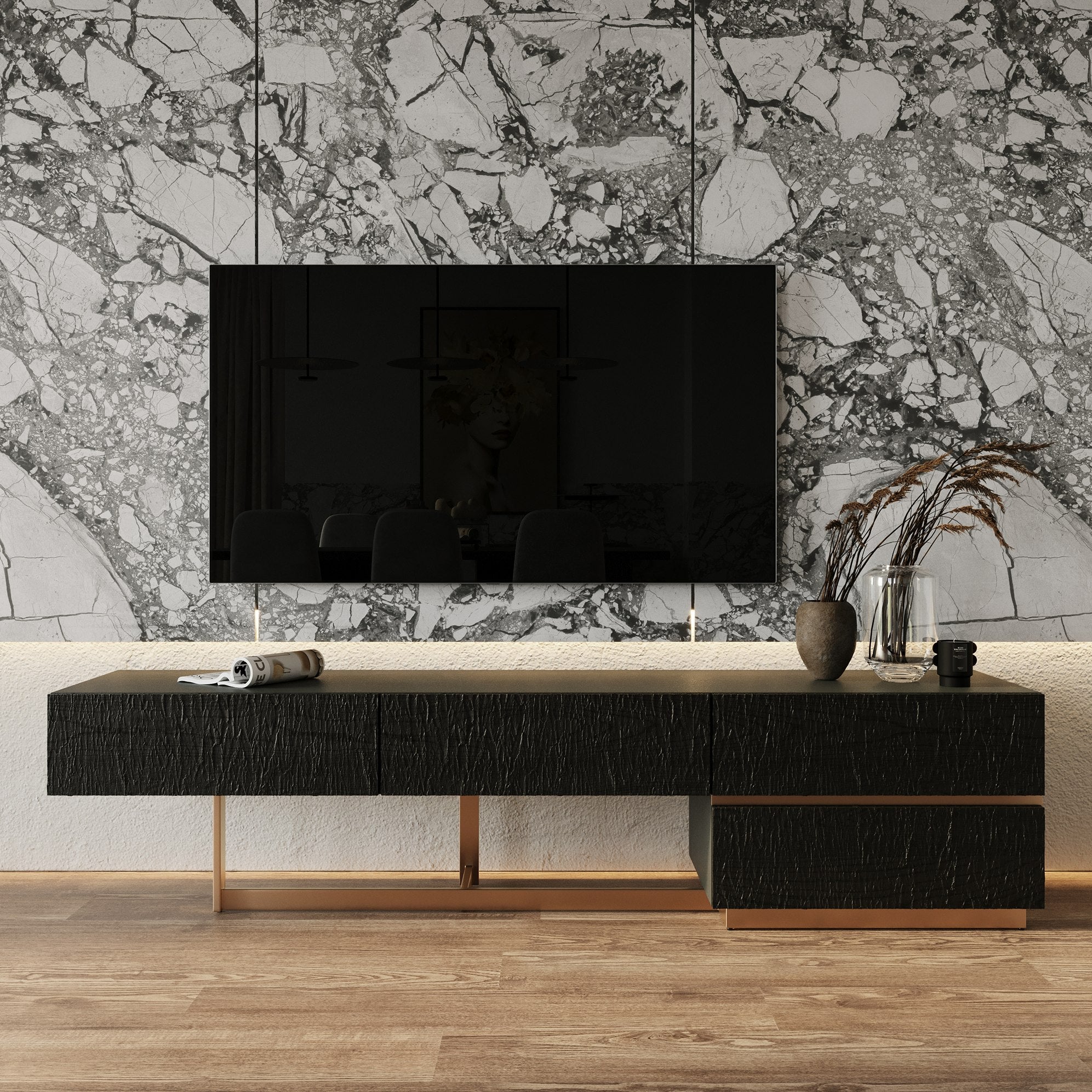 Tasha - Modern Black Ash + Brushed Gold TV Stand