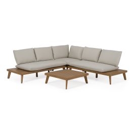 Tavira - Outdoor Off-White Fabric + Eucalyptus Sectional Sofa + Coffee Table Set