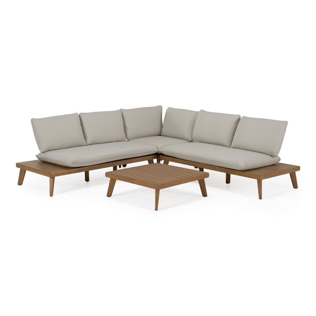 Tavira - Outdoor Off-White Fabric + Eucalyptus Sectional Sofa + Coffee Table Set