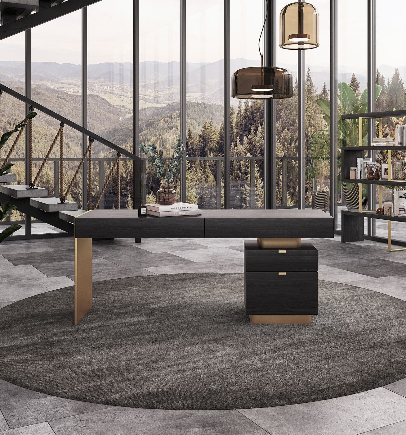 Trahan - Modern Grey Elm & Gold Office Desk