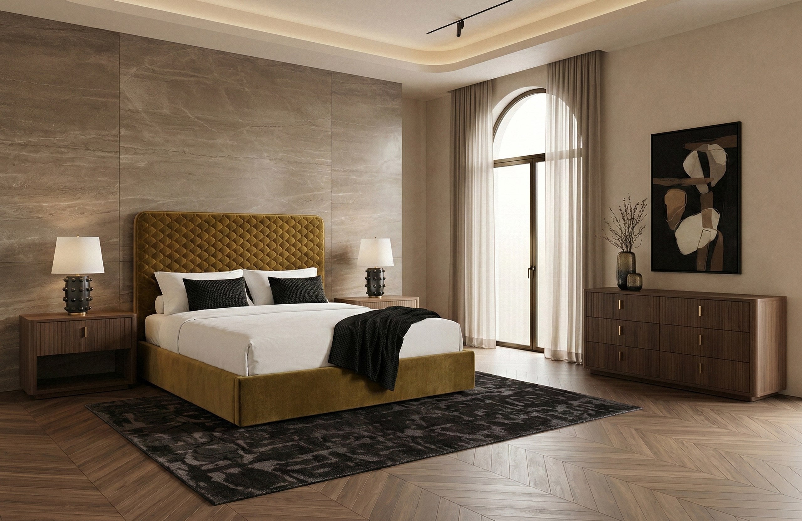 Eastern King Trieste - Modern Brown Fabric Bed - Modern Brown Fabric Bed