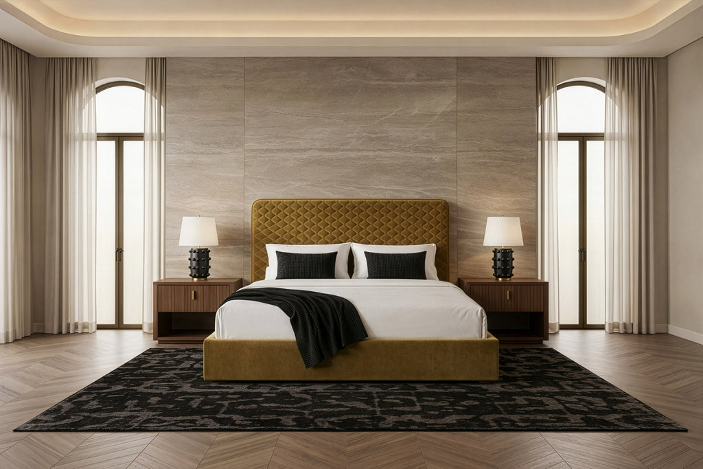 Eastern King Trieste - Modern Brown Fabric Bed - Modern Brown Fabric Bed