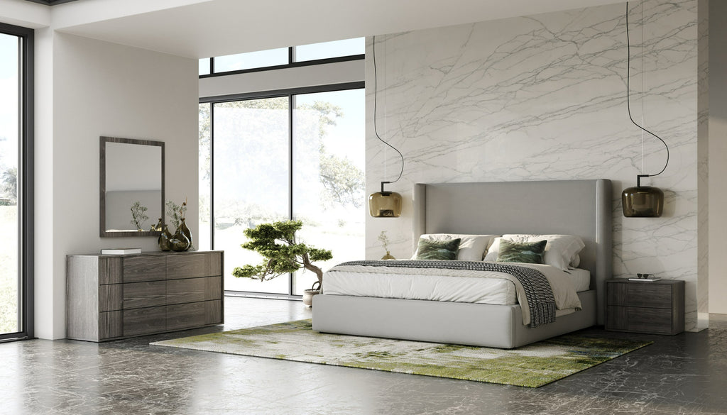 Byrne + Asus - Modern Grey Fabric + Elm Grey Bed & 2 Nightstands - Modern Grey Fabric + Elm Grey Bed & 2 Nightstands