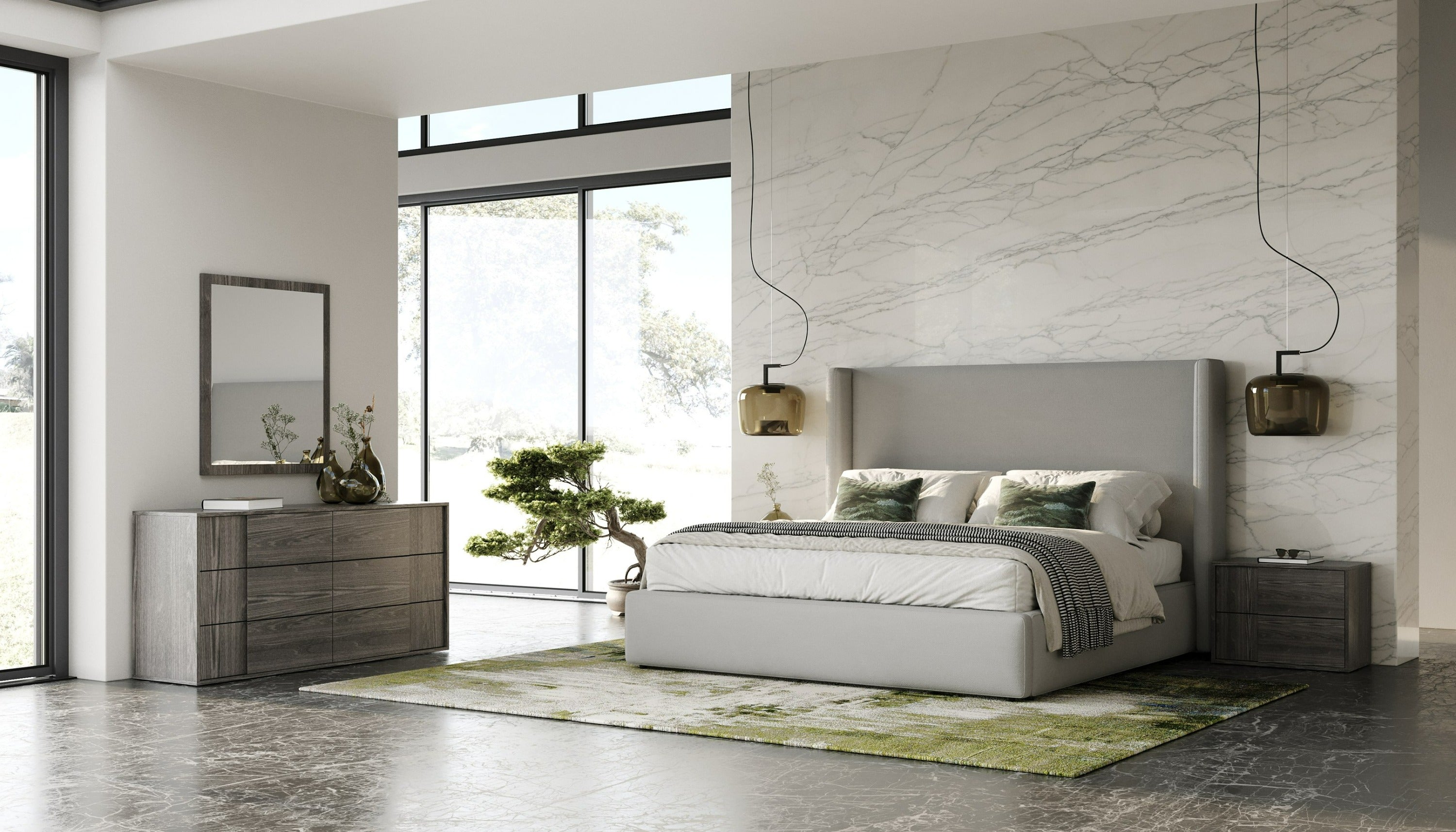 Byrne + Asus - Modern Grey Fabric + Elm Grey Bed & 2 Nightstands - Modern Grey Fabric + Elm Grey Bed & 2 Nightstands