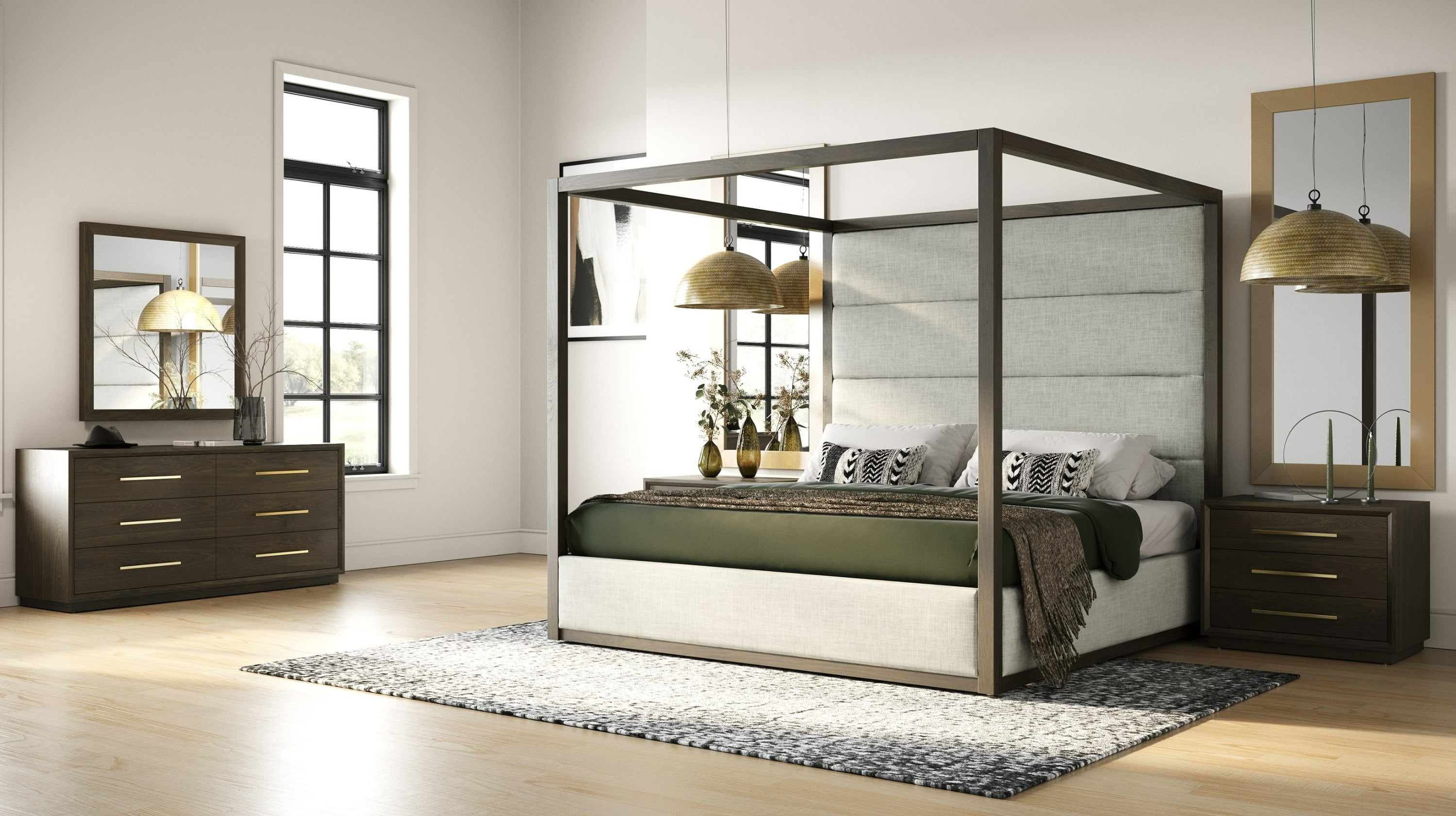 Manhattan - Contemporary Canopy Brown Oak Bedroom Set - Contemporary Canopy Brown Oak Bedroom Set
